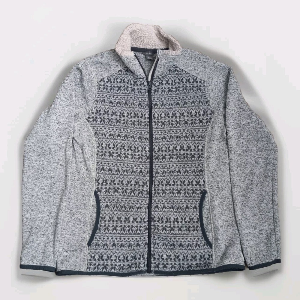Eddie Bauer Jacket Womens Size L Gray Geo Full Zip Sherpa Collar Pockets